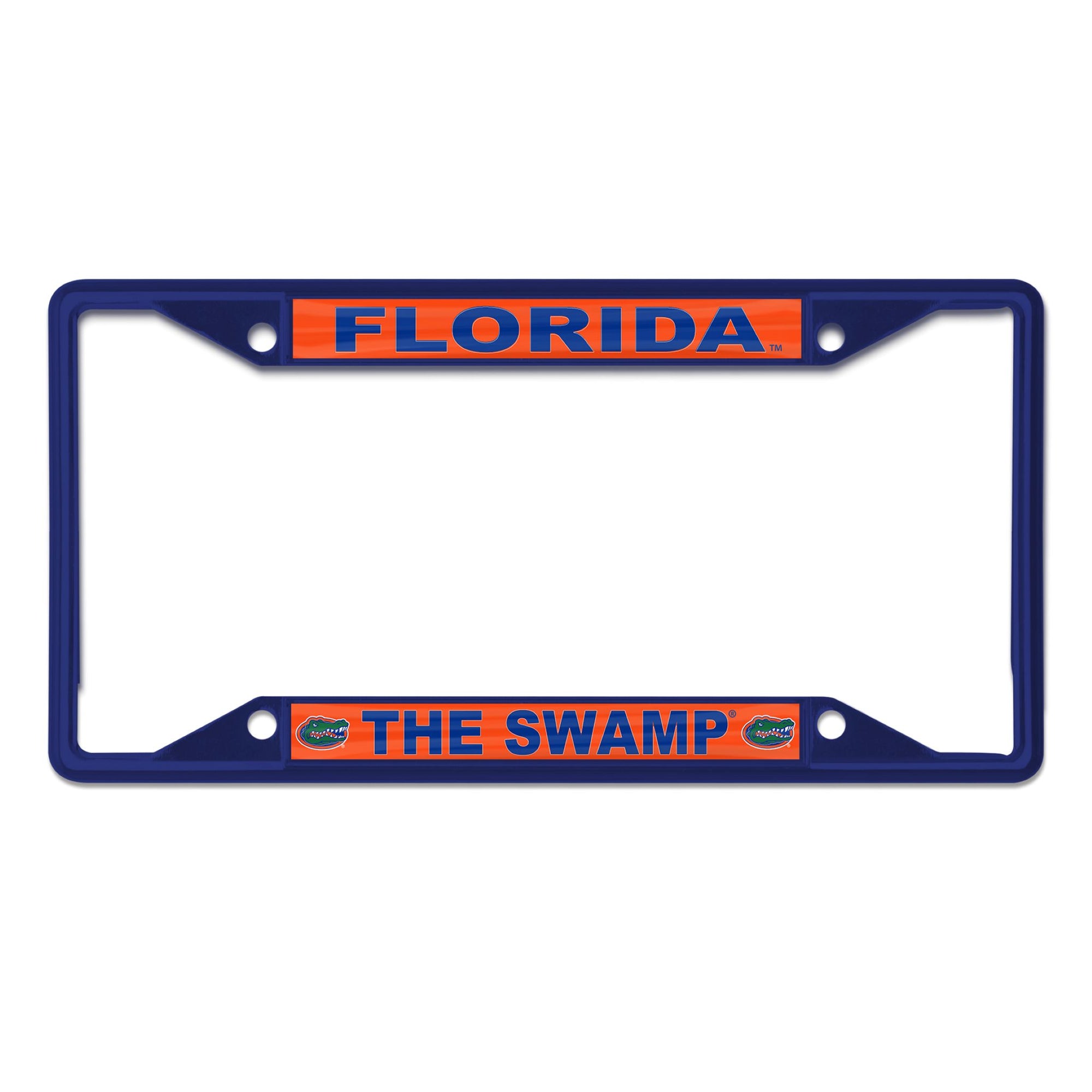 Blue Florida Gators license plate frame with “Florida” at the top and “The Swamp” at the bottom with Gators logos.