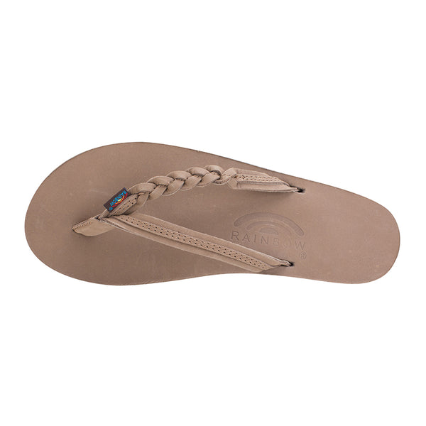 top view of Women's Rainbow Sandals Flirty Braid Strap Flip Flops with braided leather straps and a cushioned footbed.