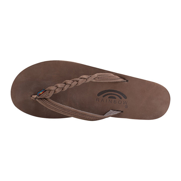 top view of Women's Rainbow Sandals Flirty Braid Strap Flip Flops with braided leather straps and a cushioned footbed.