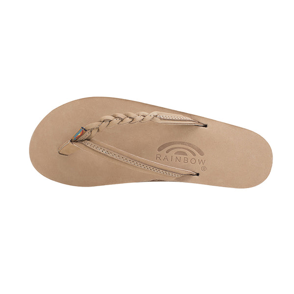 top view of Women's Rainbow Sandals Flirty Braid Strap Flip Flops with braided leather straps and a cushioned footbed.