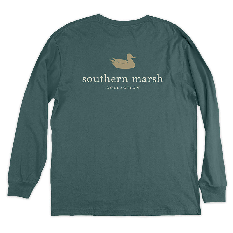 Authentic Long Sleeve T-Shirt in hunter green with tan logo and white letters