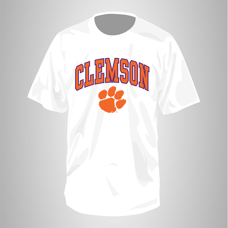 White Clemson Short Sleeve T-Shirt Purple and Orange with Clemson Tiger Paw
