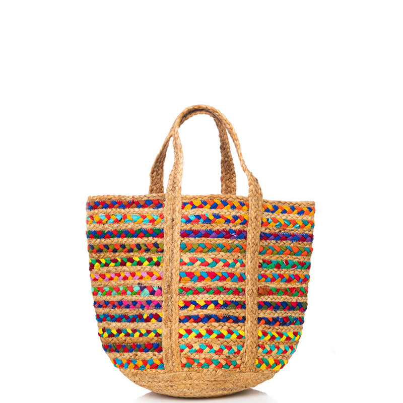 Multi Colored Straw Basket Weave Tote Bag