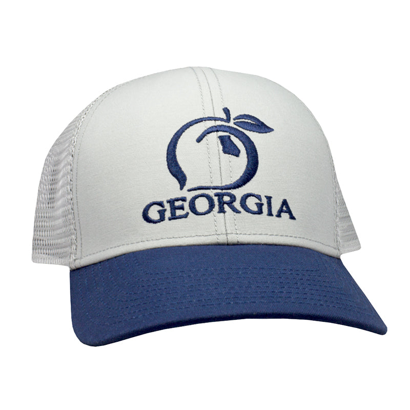 grey Georgia Peach Mesh Back Trucker Hat with blue stitching