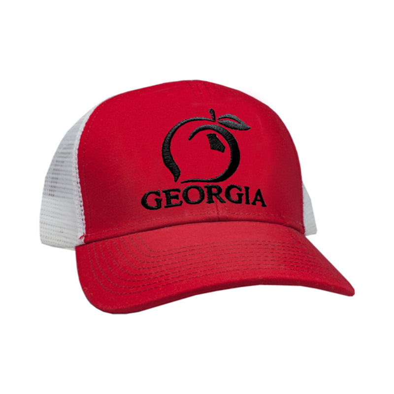 red Georgia Peach Mesh Back Trucker Hat with black stitching