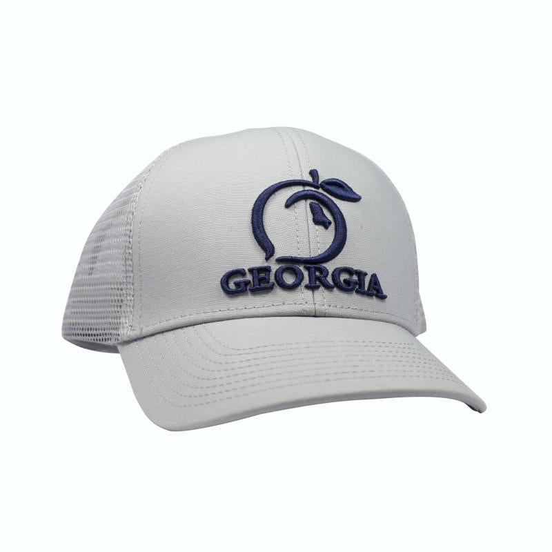 grey Georgia Peach Mesh Back Trucker Hat with navy blue stitching 