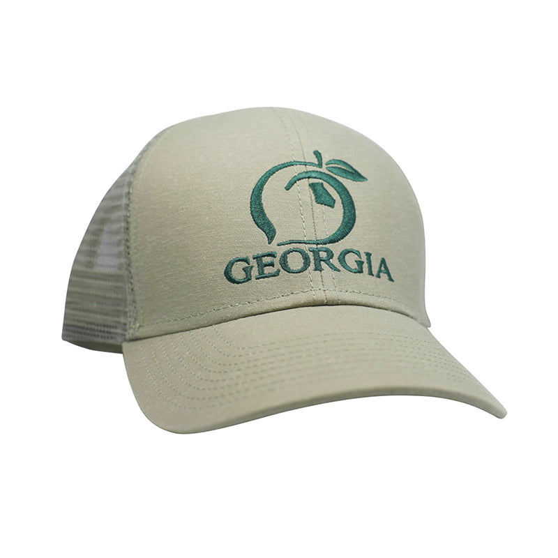 beige Georgia Peach Mesh Back Trucker Hat with green stitching 