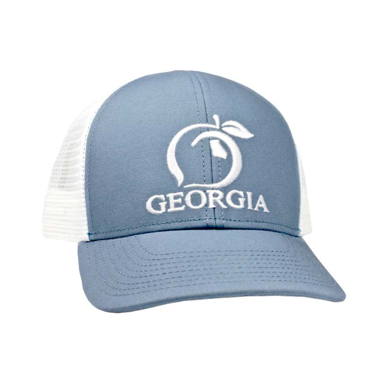 light blue Georgia Peach Mesh Back Trucker Hat with white stitching