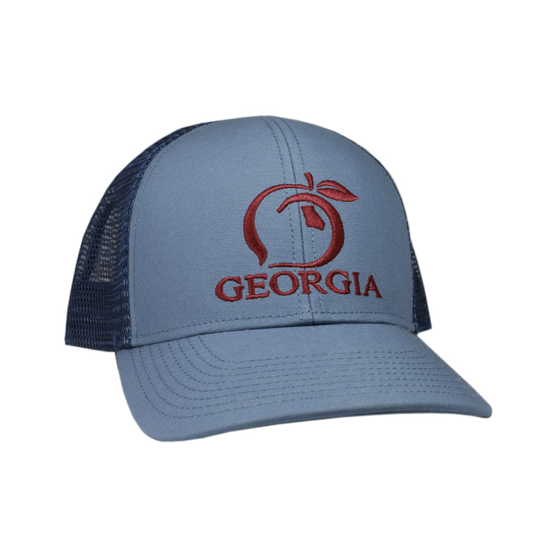 blue Georgia Peach Mesh Back Trucker Hat with red stitching