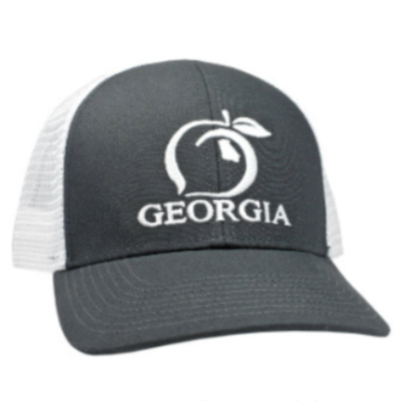 charcoal Georgia Peach Mesh Back Trucker Hat with white stitching