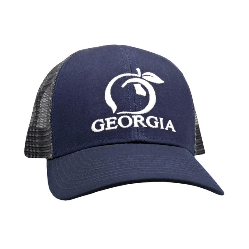 navy blue Georgia Peach Mesh Back Trucker Hat with white stitching