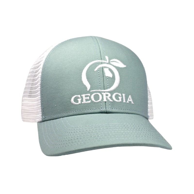 light green Georgia Peach Mesh Back Trucker Hat with white stitching