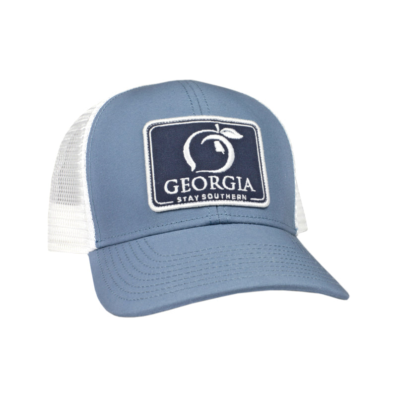 blue Georgia Patch Trucker Hat with white sticthing 