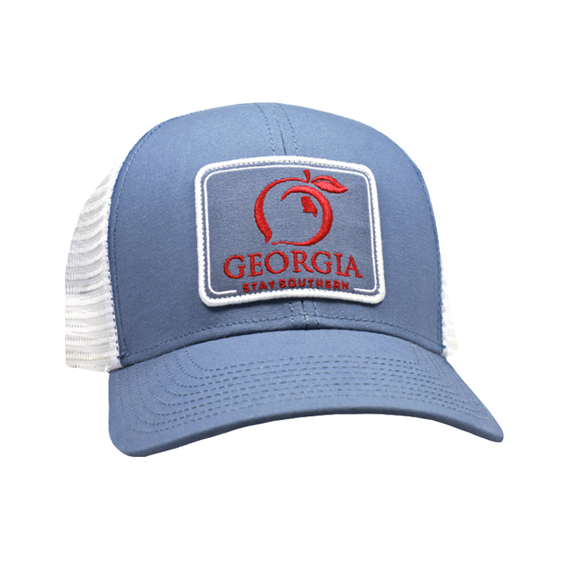 blue Georgia Patch Trucker Hat with red stitching 