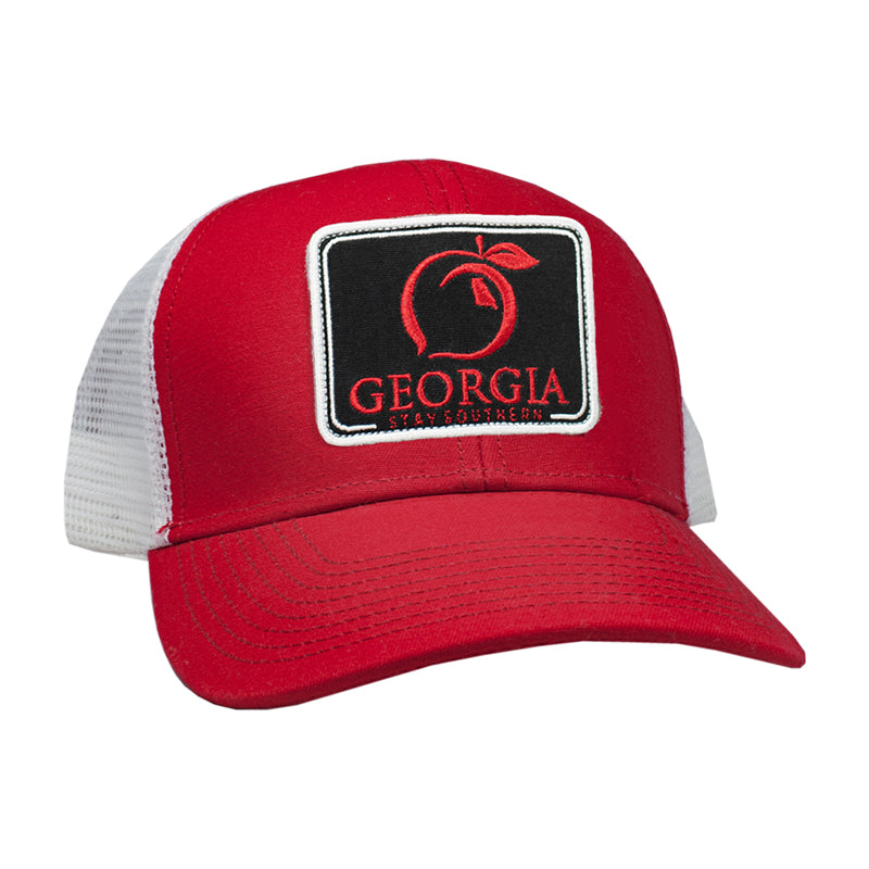 red Georgia Patch Trucker Hat with black patch and red stitching 