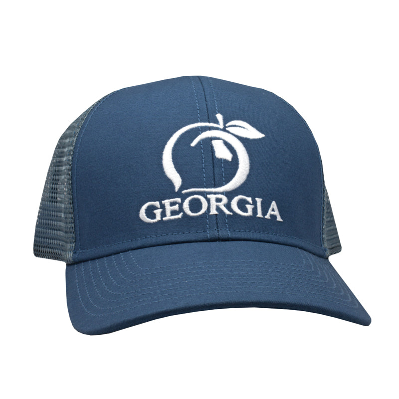 dar kblue Georgia Peach Mesh Back Trucker Hat with white stiching