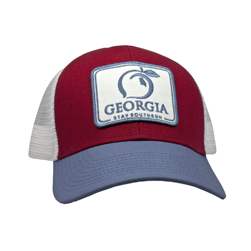 red and blue Georgia Patch Trucker Hat with white patch and blue stitching 