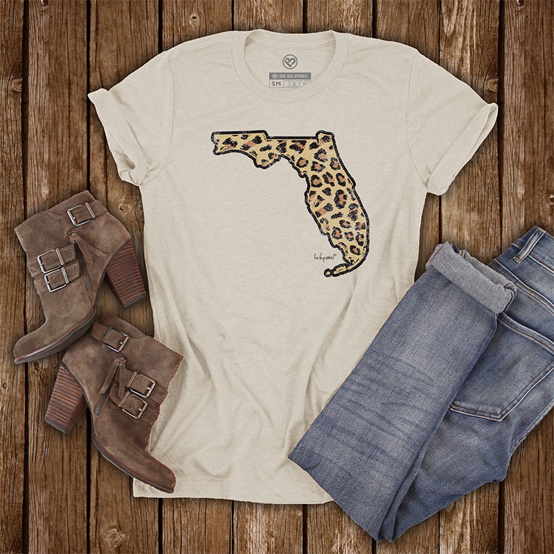 Love Bug Apparel Beige Short Sleeve T-Shirt with Leopard Filled Florida