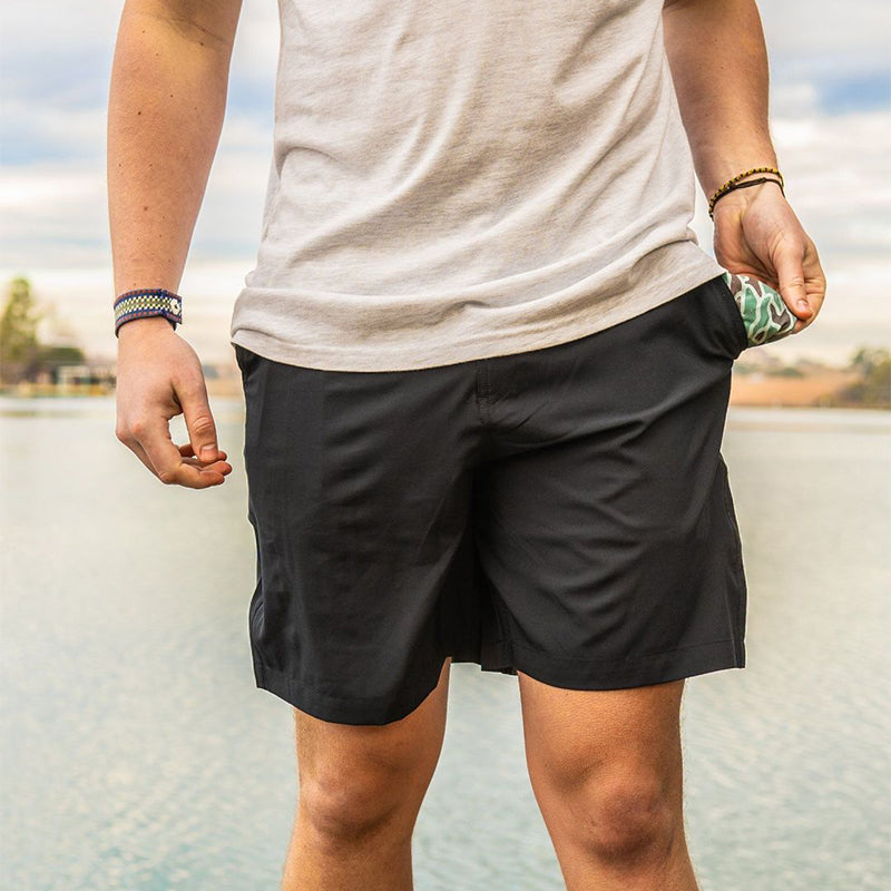 men's black performance shorts with camo pockets