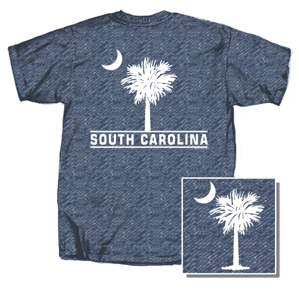  A short sleeve crew neck t-shirt in coral silk color with a white graphic print of a palm tree and the text 'South Carolina' across the chest.