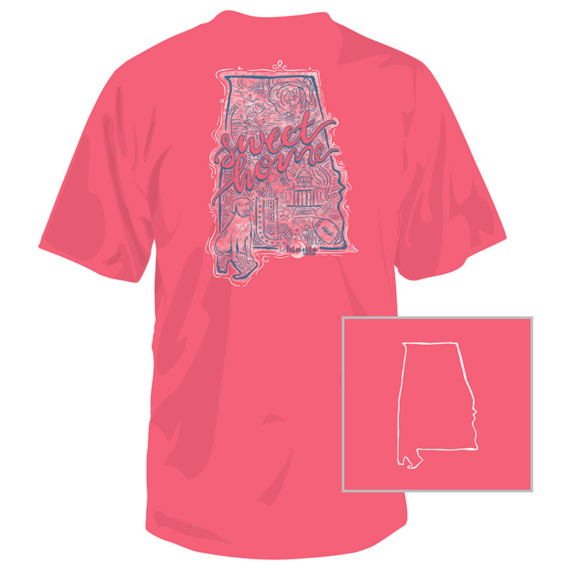 Alabama State Collage Short Sleeve T-Shirt in coral with blue state logo on the back with images inside and white state logo on the front