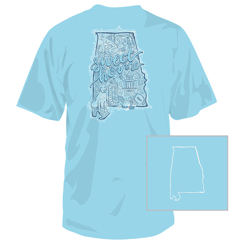 Alabama State Collage Short Sleeve T-Shirt in sky blue  with dark blue state logo on the back with images inside and white state logo on the front