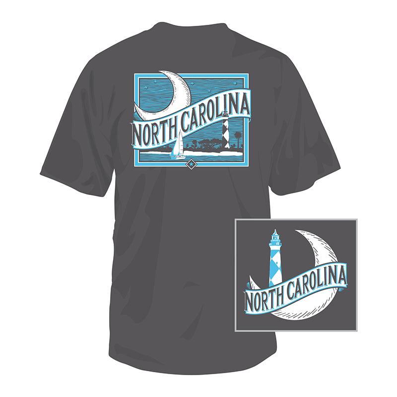 North Carolina Moon and Lighthouse Short Sleeve Grey T-Shirt