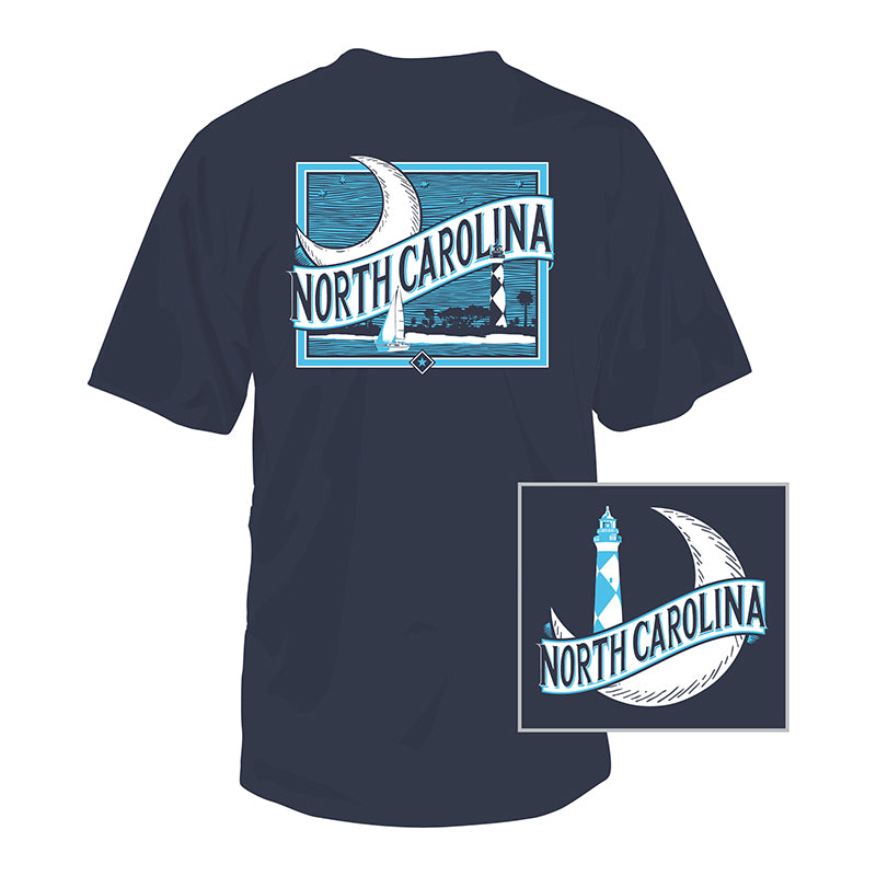 North Carolina Moon and Lighthouse Short Sleeve Navy T-Shirt