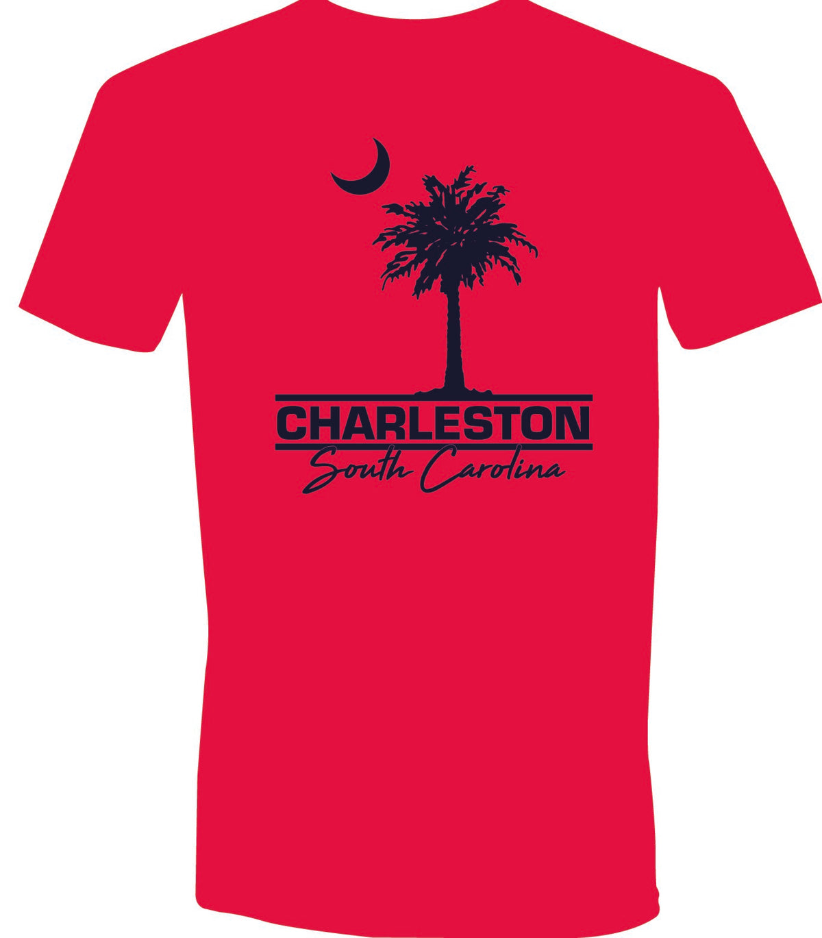 Charleston Palm Short Sleeve T-Shirt in coral with navy writing