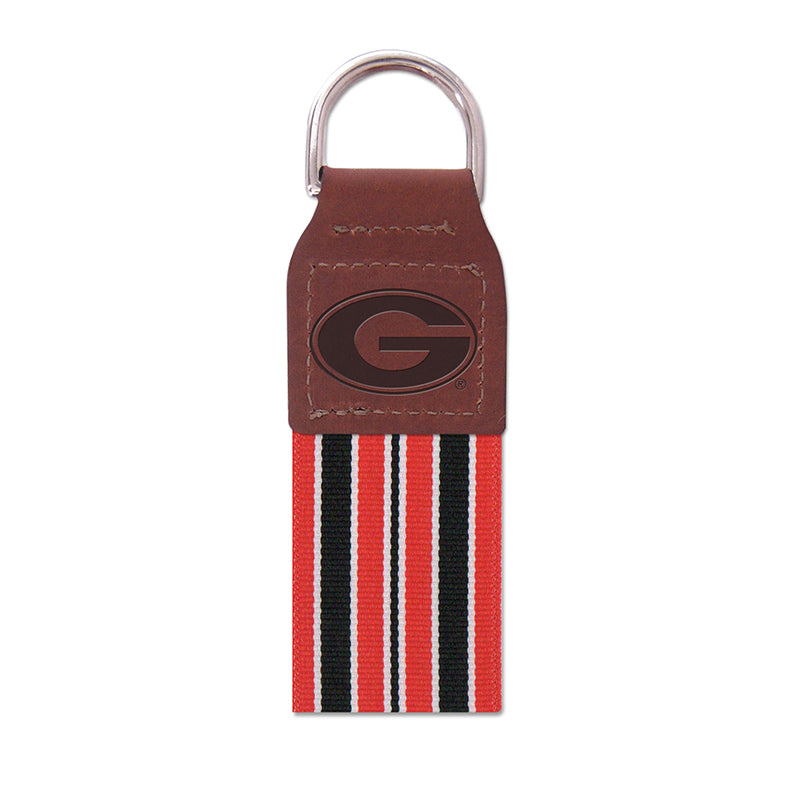 UGA Stripe Ribbon with Leather Block G Key Fob