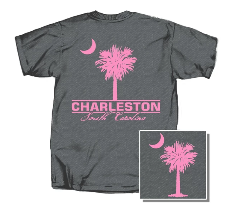 Charleston Palm Short Sleeve T-Shirt in grey with pink logo