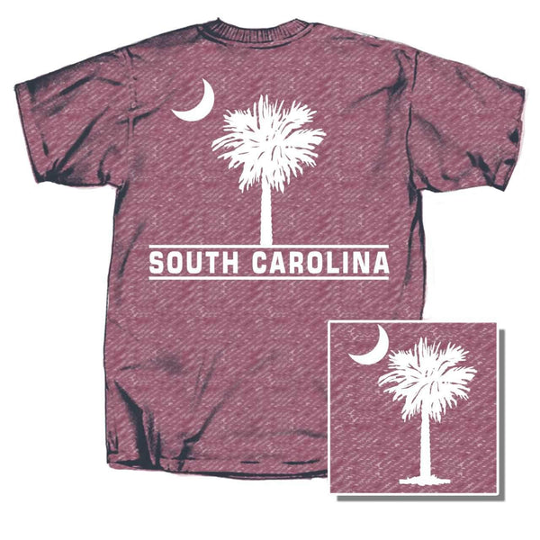  A short sleeve crew neck t-shirt in heather maroon with a white graphic print of a palm tree and the text 'South Carolina' across the chest.